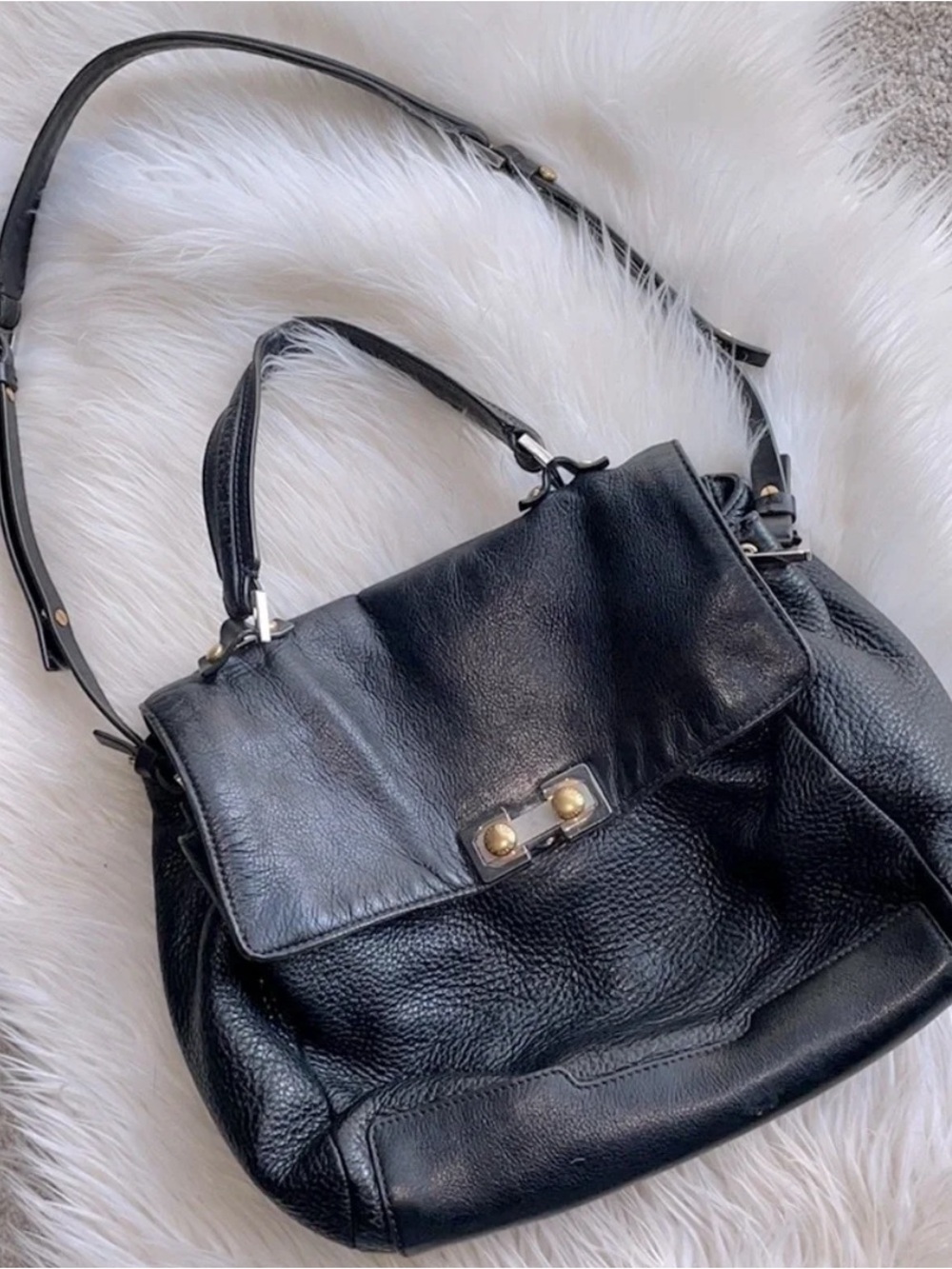 Black Leather Top-Handle Shoulder Bag - Unbranded